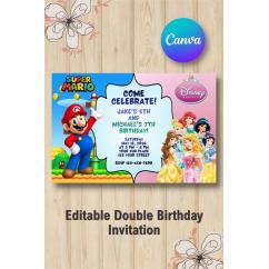 Twin Super Mario and  Disney Princess Invitation | Canva Template